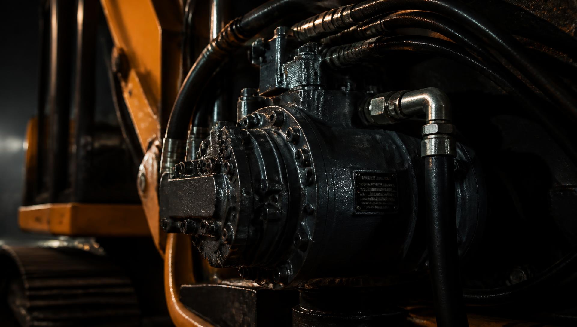 Close-up of a heavy-duty hydraulic pump and hoses on an excavator